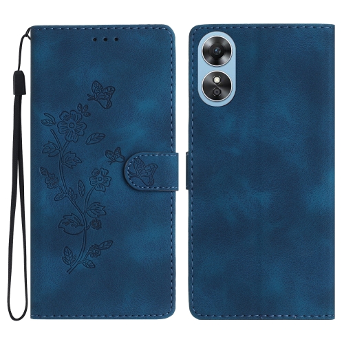 

For OPPO A17 Flower Butterfly Embossing Pattern Leather Phone Case(Blue)