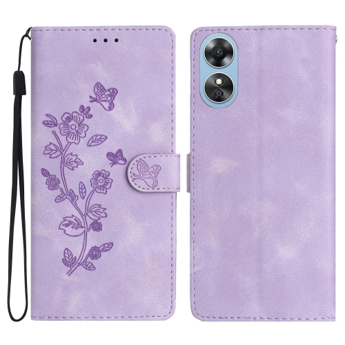

For OPPO A17 Flower Butterfly Embossing Pattern Leather Phone Case(Purple)