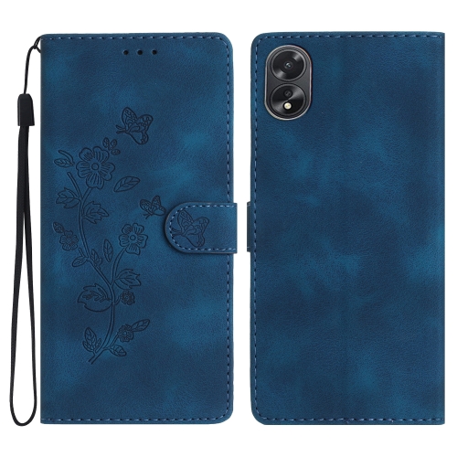

For OPPO A18 Flower Butterfly Embossing Pattern Leather Phone Case(Blue)