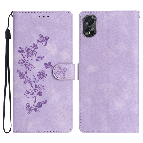 

For OPPO A18 Flower Butterfly Embossing Pattern Leather Phone Case(Purple)