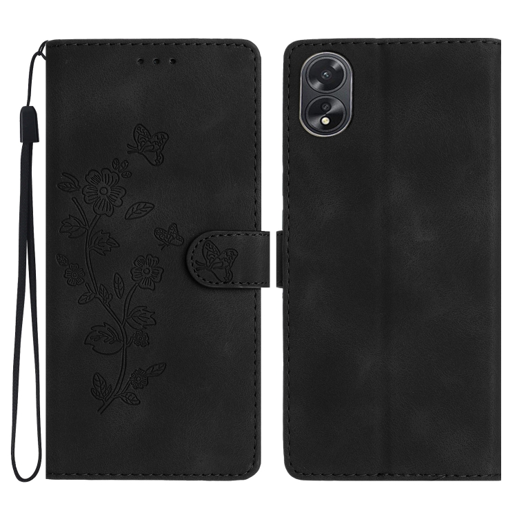 

For OPPO A18 Flower Butterfly Embossing Pattern Leather Phone Case(Black)