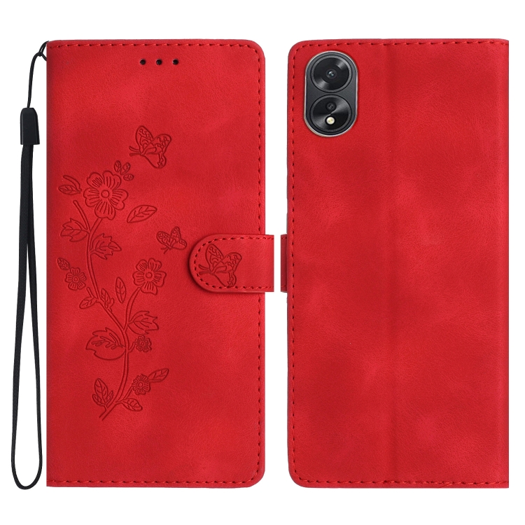 

For OPPO A38 Flower Butterfly Embossing Pattern Leather Phone Case(Red)