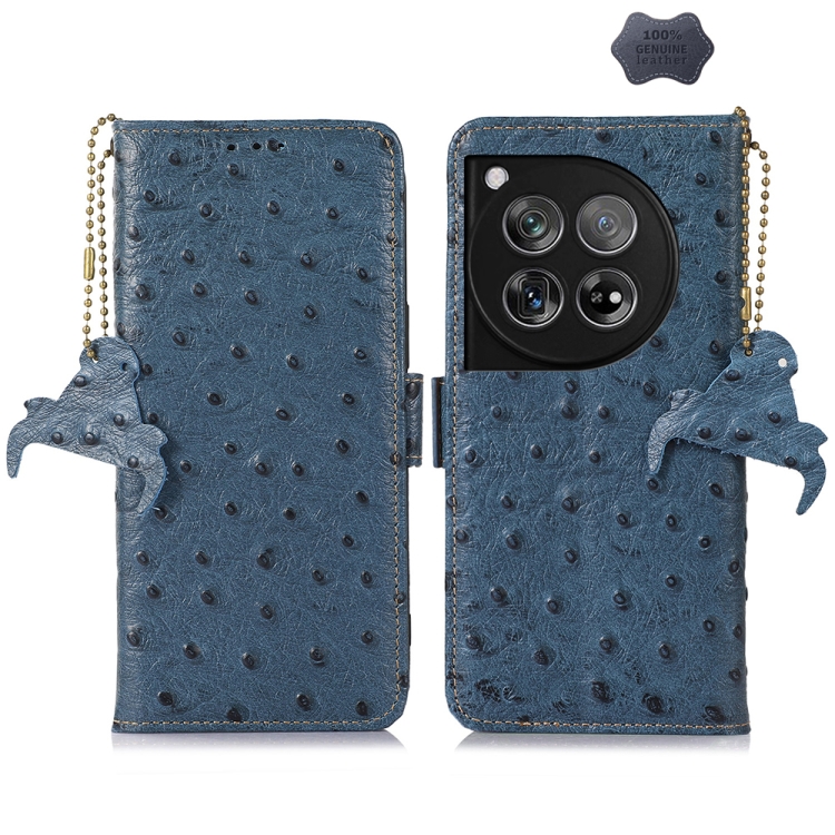 

For OnePlus 12 Ostrich Pattern Genuine Leather RFID Phone Case(Blue)