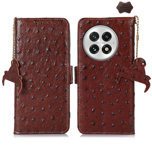 

For OnePlus 13 Ostrich Pattern Genuine Leather RFID Phone Case(Coffee)