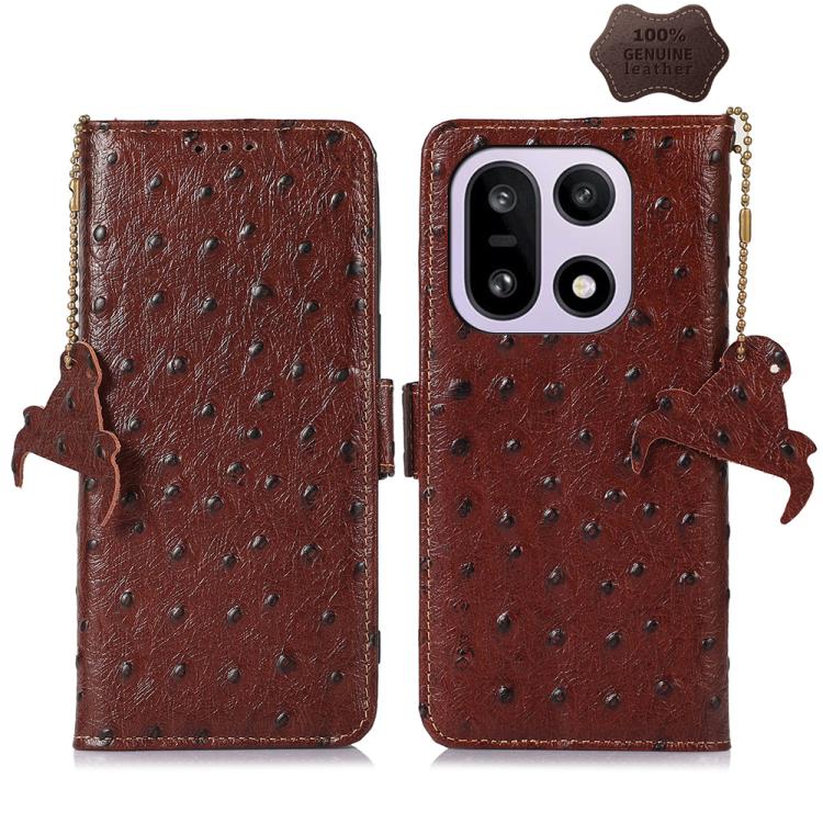 

For OnePlus 15 Ostrich Pattern Genuine Leather RFID Phone Case(Coffee)