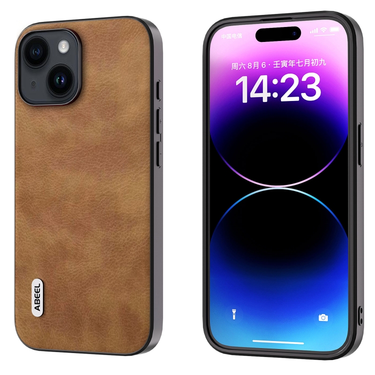 

For iPhone 15 Plus ABEEL Retro Litchi Texture PU Phone Case(Brown)