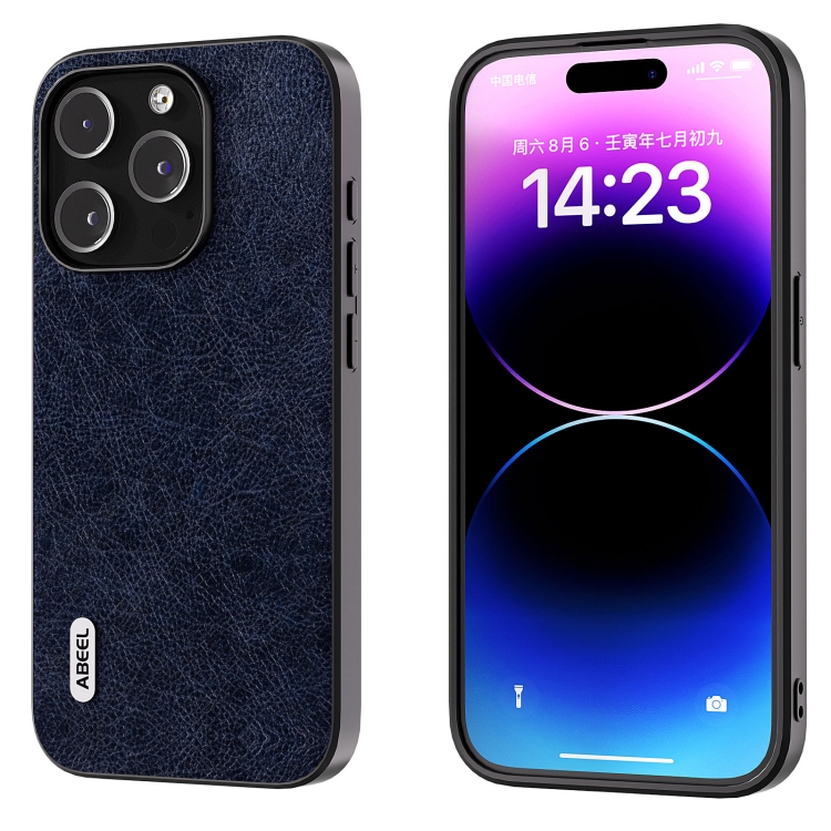 

For iPhone 14 Pro Max ABEEL Retro Litchi Texture PU Phone Case(Blue)