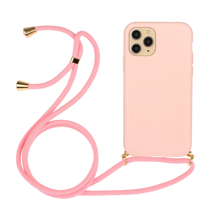 

For iPhone 15 Pro Max Wheat Straw Material + TPU Phone Case with Lanyard(Pink)