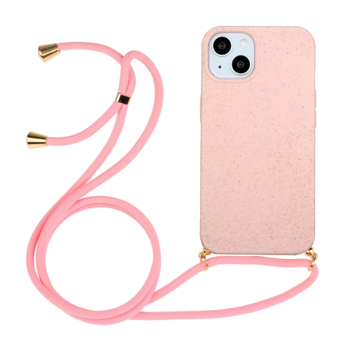 

For iPhone 15 Plus Wheat Straw Material + TPU Phone Case with Lanyard(Pink)