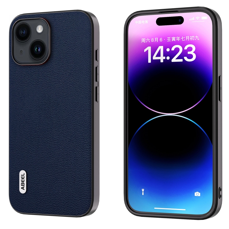 

For iPhone 14 ABEEL Genuine Leather Luolai Series Phone Case(Dark Blue)