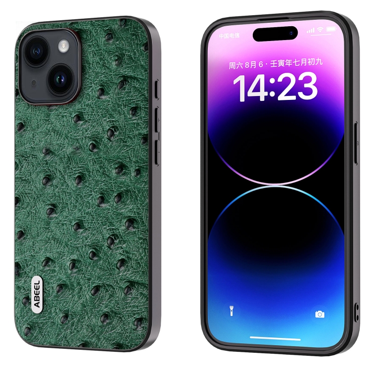 

For iPhone 15 Plus ABEEL Genuine Leather Ostrich Texture Phone Case(Green)