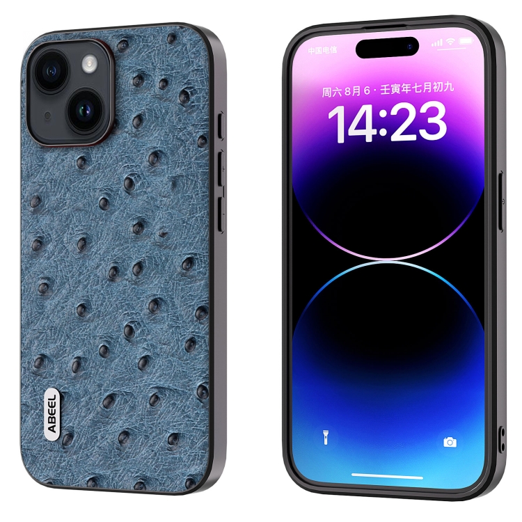

For iPhone 15 ABEEL Genuine Leather Ostrich Texture Phone Case(Blue)
