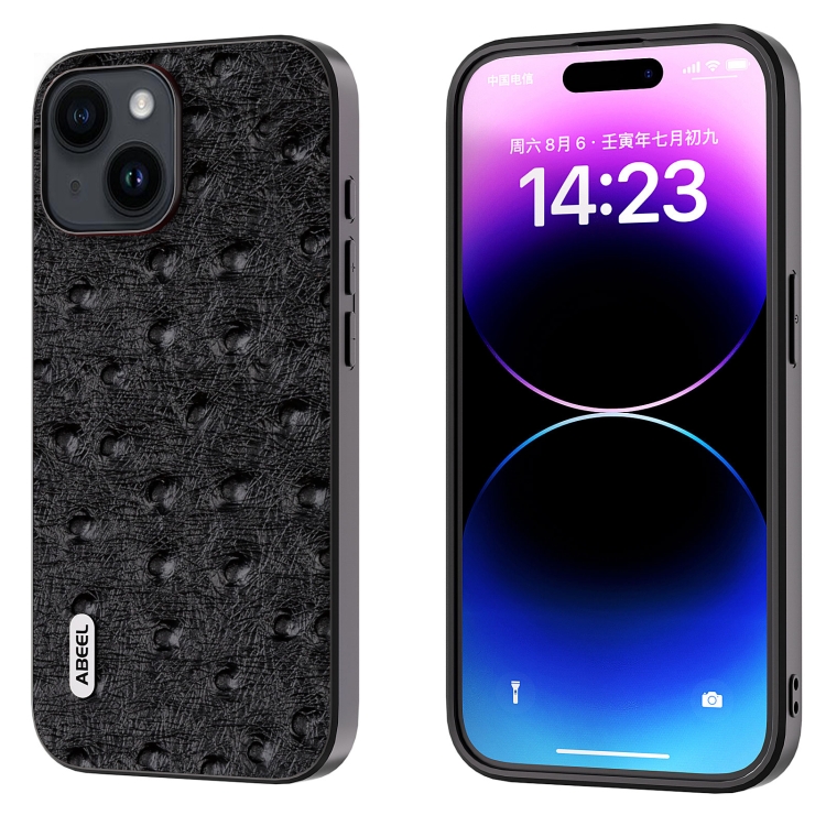

For iPhone 14 Plus ABEEL Genuine Leather Ostrich Texture Phone Case(Black)