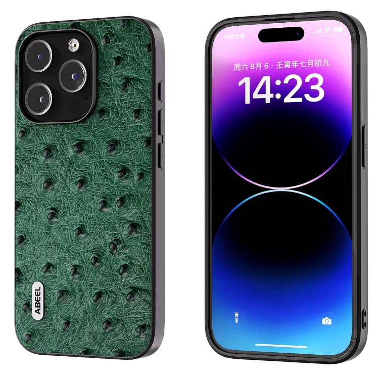 

For iPhone 14 Pro Max ABEEL Genuine Leather Ostrich Texture Phone Case(Green)