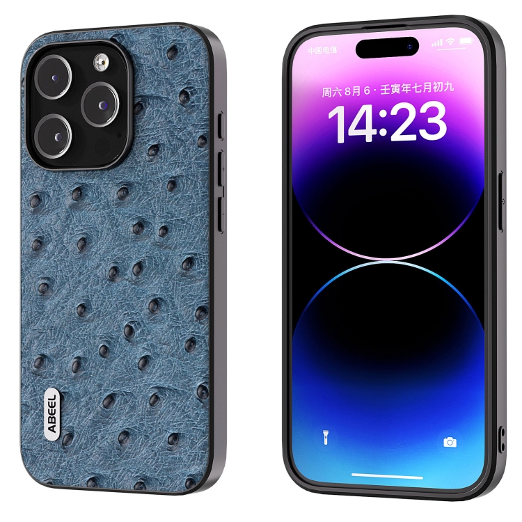 

For iPhone 14 Pro Max ABEEL Genuine Leather Ostrich Texture Phone Case(Blue)