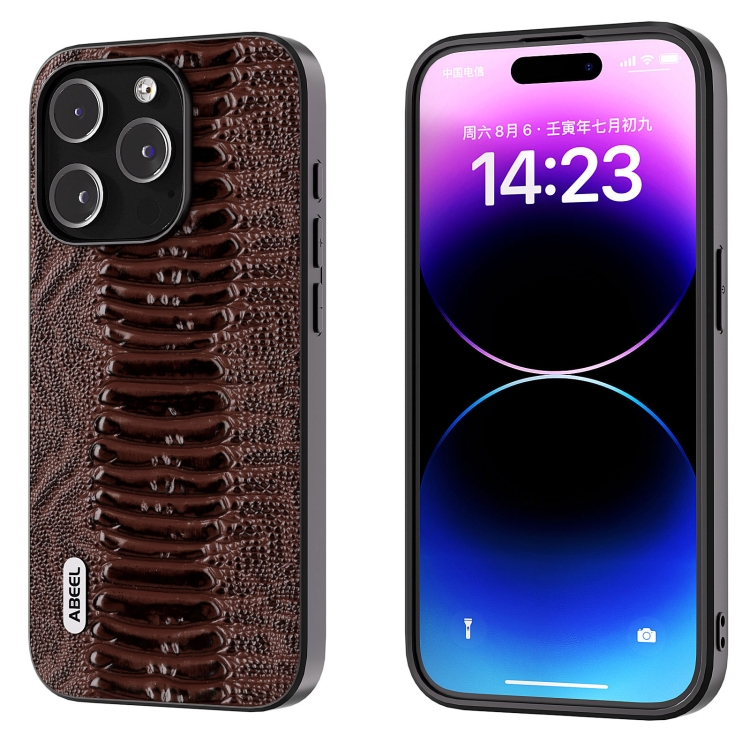 

For iPhone 14 Pro Max ABEEL Genuine Leather Weilai Series Phone Case(Coffee)