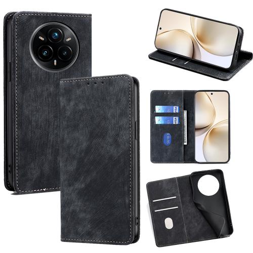 

For Realme 14 Pro+ 5G RFID Anti-theft Brush Magnetic Leather Phone Case(Black)