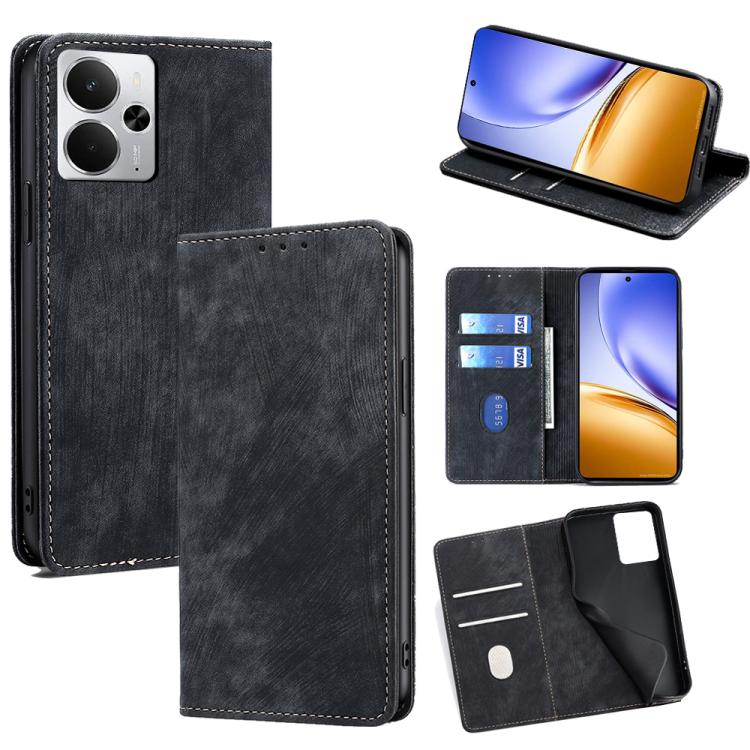 

For Realme 14 5G Global RFID Anti-theft Brush Magnetic Leather Phone Case(Black)