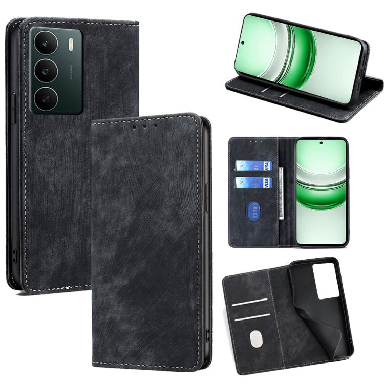 

For Realme C71 4G RFID Anti-theft Brush Magnetic Leather Phone Case(Black)