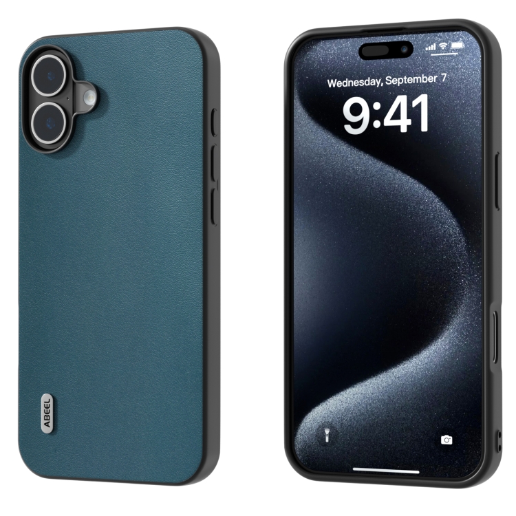 

For iPhone 16 Plus ABEEL Genuine Leather Xiaoya Series Phone Case(Dark Green)