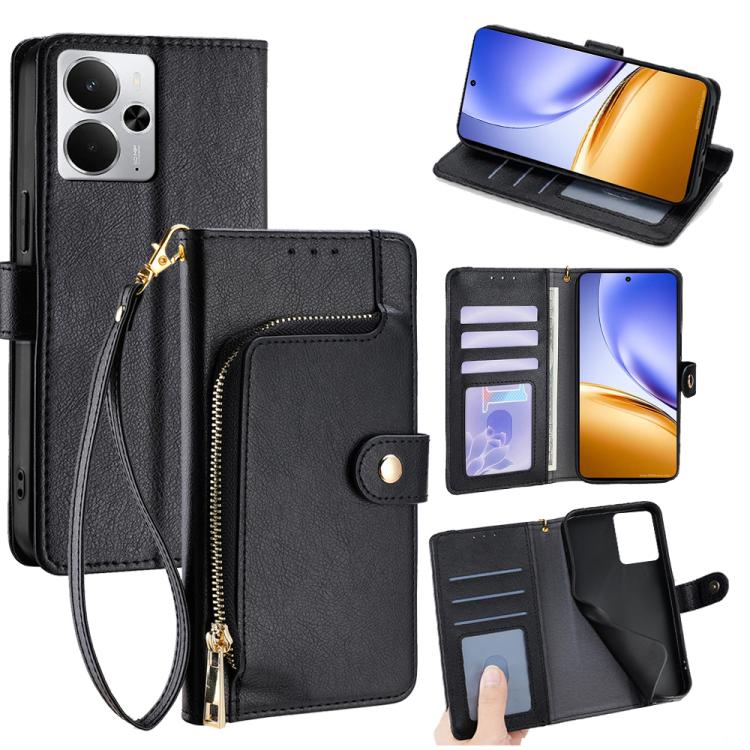 

For Realme 14 5G Global Zipper Bag Leather Phone Case(Black)