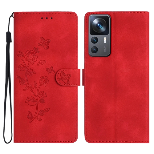 

For Xiaomi 12T / 12T Pro Flower Butterfly Embossing Pattern Leather Phone Case(Red)