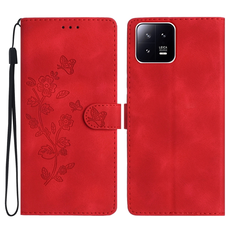 

For Xiaomi 13 Flower Butterfly Embossing Pattern Leather Phone Case(Red)