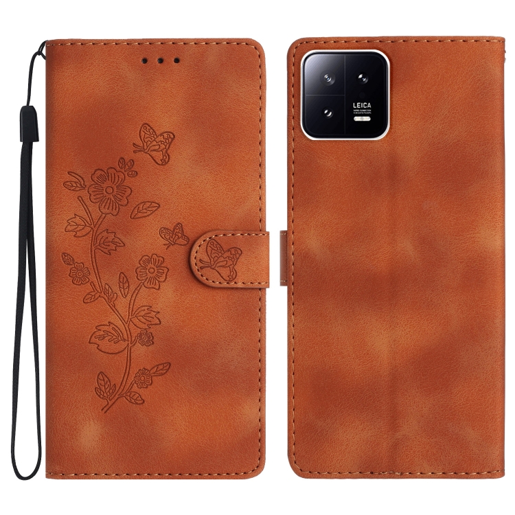 

For Xiaomi 13 Flower Butterfly Embossing Pattern Leather Phone Case(Brown)