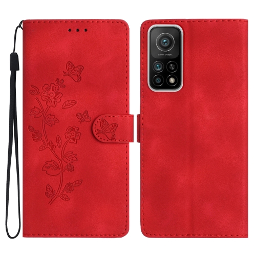 

For Xiaomi Mi 10T 5G / 10T Pro 5G Flower Butterfly Embossing Pattern Leather Phone Case(Red)