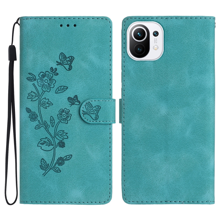 

For Xiaomi Mi 11 Lite Flower Butterfly Embossing Pattern Leather Phone Case(Sky Blue)