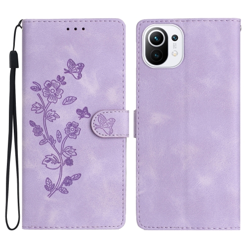 

For Xiaomi Mi 11 Lite Flower Butterfly Embossing Pattern Leather Phone Case(Purple)