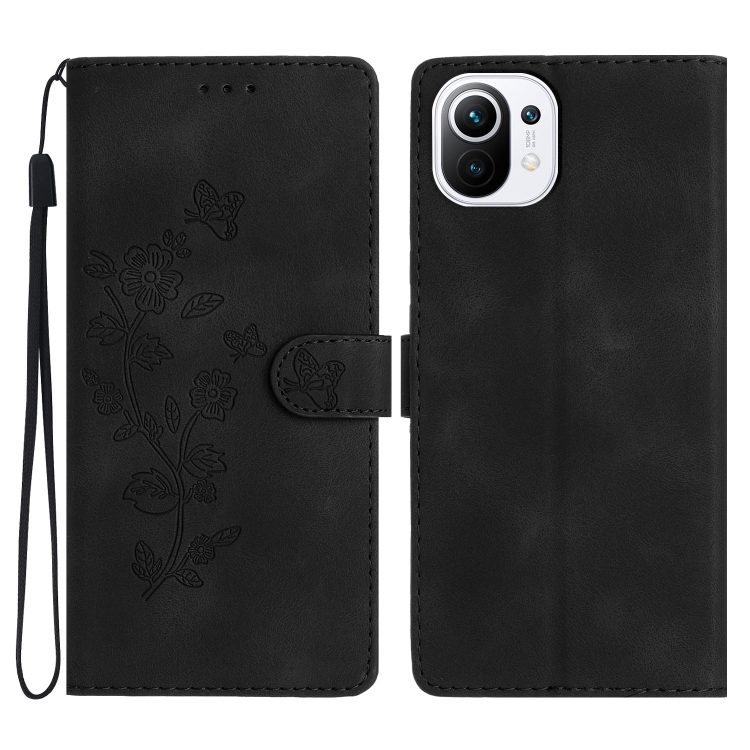 

For Xiaomi Mi 11 Lite Flower Butterfly Embossing Pattern Leather Phone Case(Black)