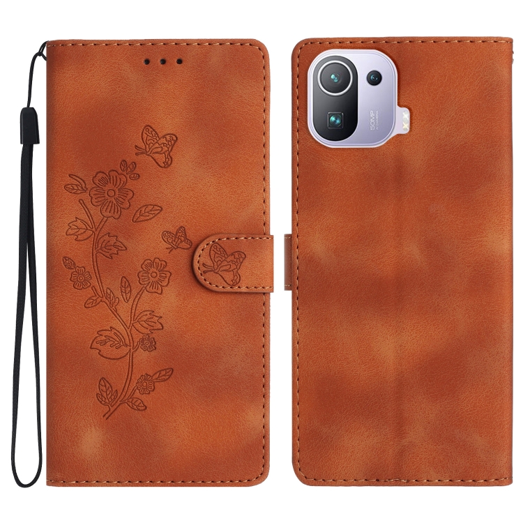 

For Xiaomi Mi 11 Pro Flower Butterfly Embossing Pattern Leather Phone Case(Brown)