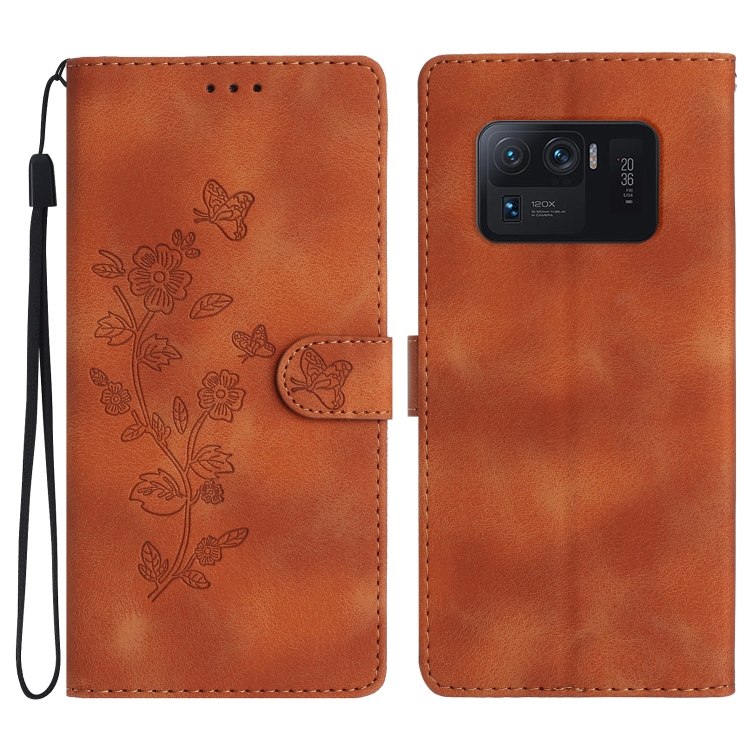 

For Xiaomi Mi 11 Ultra Flower Butterfly Embossing Pattern Leather Phone Case(Brown)