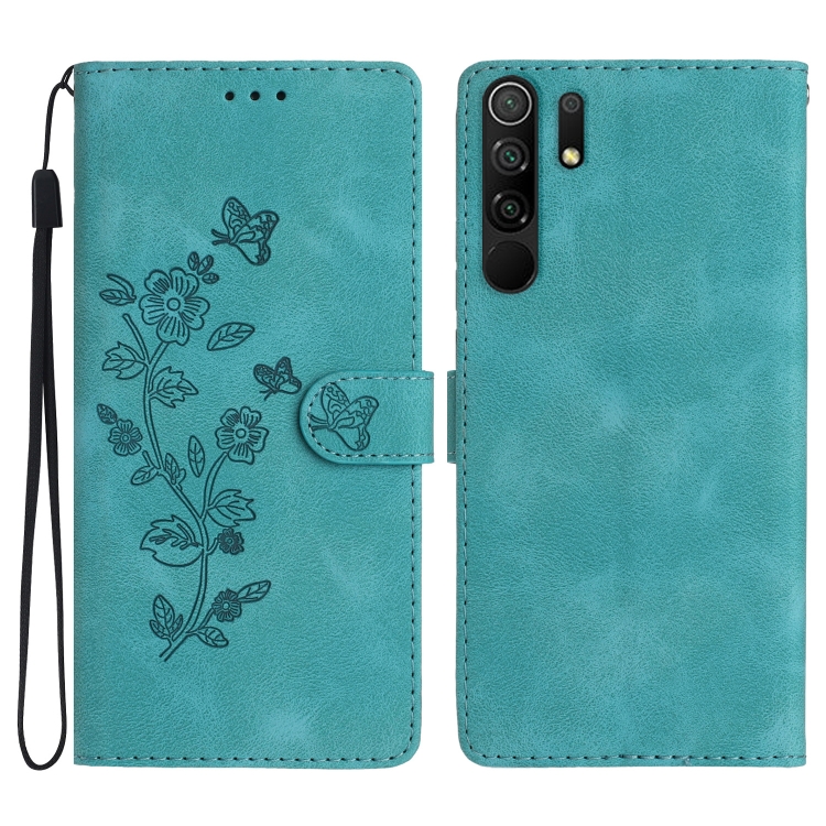 

For Xiaomi Redmi 9 Flower Butterfly Embossing Pattern Leather Phone Case(Sky Blue)