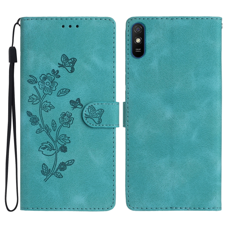 

For Xiaomi Redmi 9A Flower Butterfly Embossing Pattern Leather Phone Case(Sky Blue)
