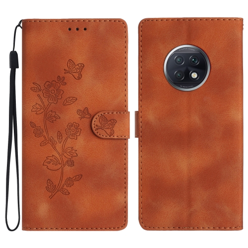 

For Xiaomi Redmi Note 9 5G / Note 9T Flower Butterfly Embossing Pattern Leather Phone Case(Brown)