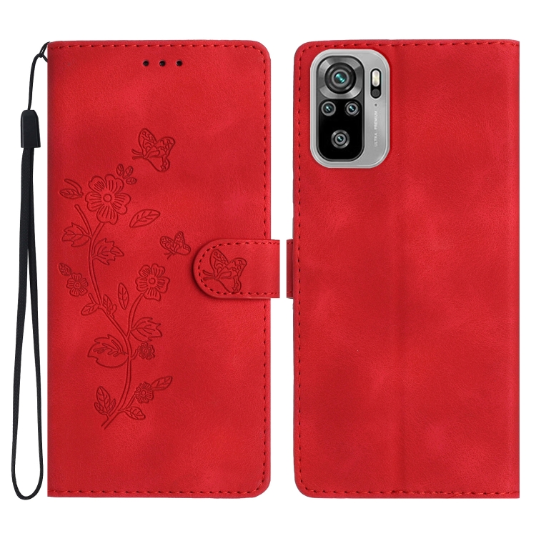 

For Xiaomi Redmi Note 10 4G / Note 10S Flower Butterfly Embossing Pattern Leather Phone Case(Red)