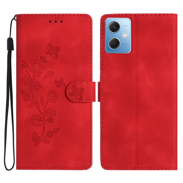 

For Xiaomi Redmi Note 12 5G Flower Butterfly Embossing Pattern Leather Phone Case(Red)