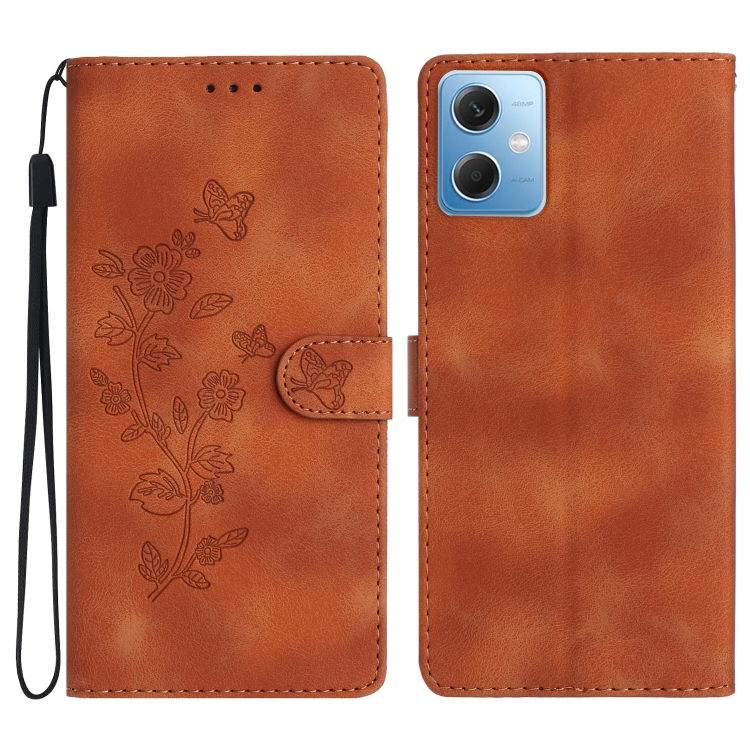 

For Xiaomi Redmi Note 12 5G Flower Butterfly Embossing Pattern Leather Phone Case(Brown)