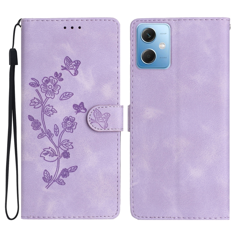 

For Xiaomi Redmi Note 12 5G Flower Butterfly Embossing Pattern Leather Phone Case(Purple)