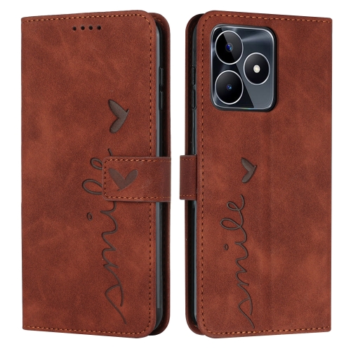 For Realme C53/Narzo N53 Skin Feel Heart Pattern Leather Phone Case(Brown) for samsung galaxy s23 5g flower butterfly embossing pattern leather phone case brown