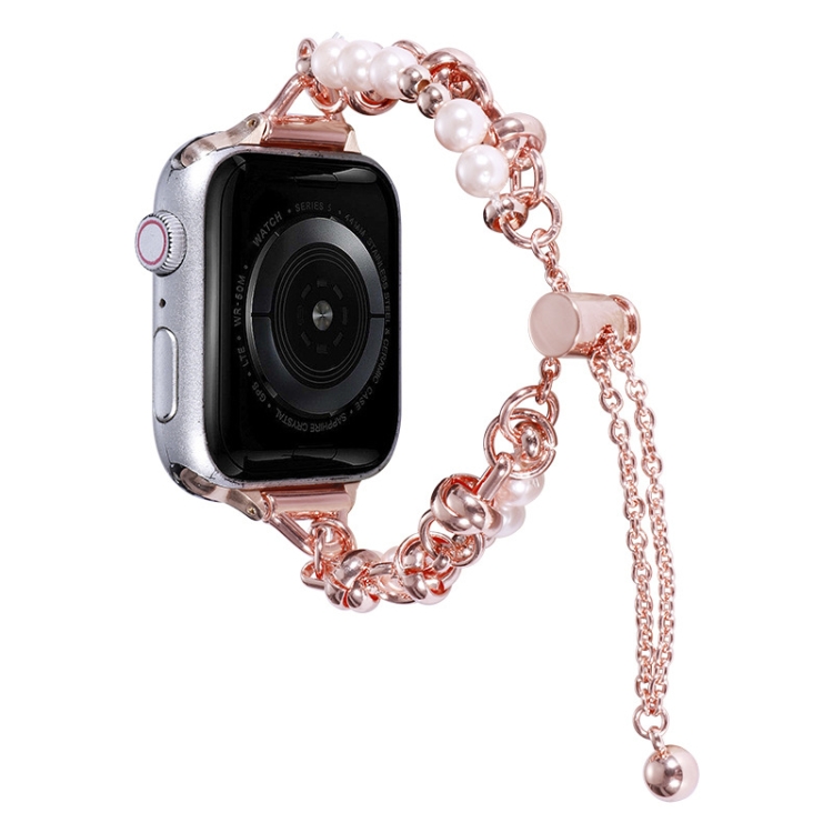 

For Apple Watch SE 44mm Pearl Bracelet Metal Watch Band(Rose Gold)