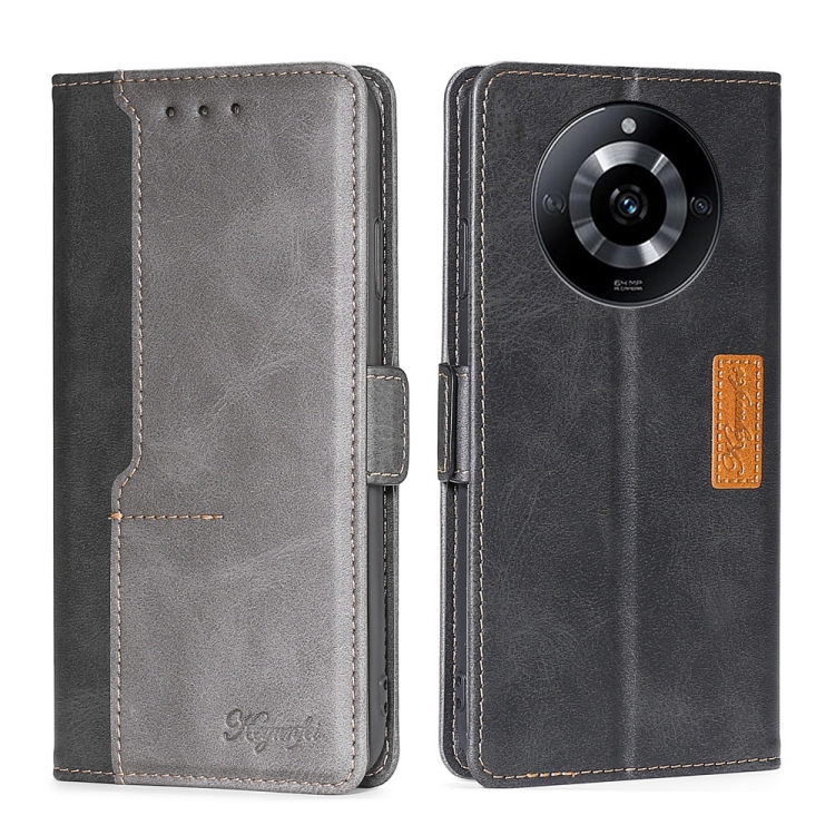 

For Realme 11 5G Contrast Color Side Buckle Leather Phone Case(Black + Grey)