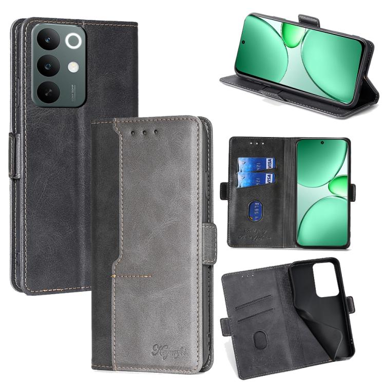 

For Realme C85 5G Contrast Color Side Buckle Leather Phone Case(Black + Grey)