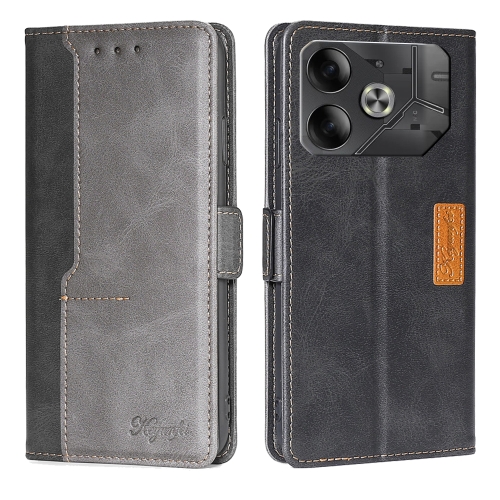 

For Tecno Pova 6 5G Contrast Color Side Buckle Leather Phone Case(Black + Grey)