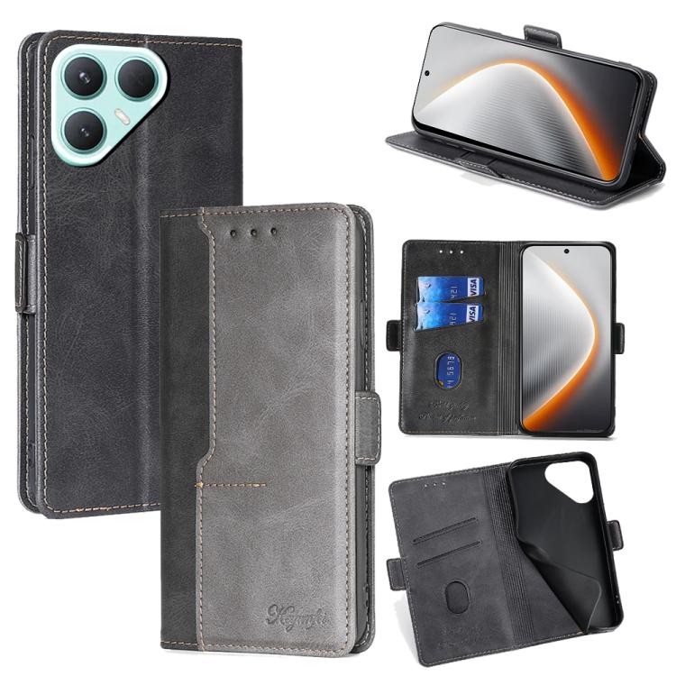 

For Tecno Pova 7 Pro Contrast Color Side Buckle Leather Phone Case(Black + Grey)