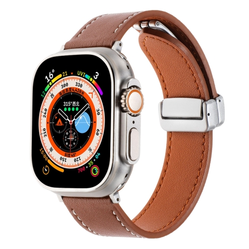 

For Apple Watch Ultra 49mm Magnetic Buckle Skin Feel Leather Watch Band(Brown)