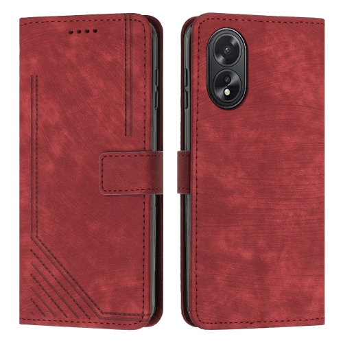 

For OPPO A38 Skin Feel Stripe Pattern Leather Phone Case with Lanyard(Red)