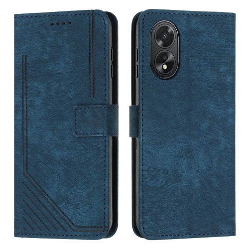 

For OPPO A38 Skin Feel Stripe Pattern Leather Phone Case with Lanyard(Blue)